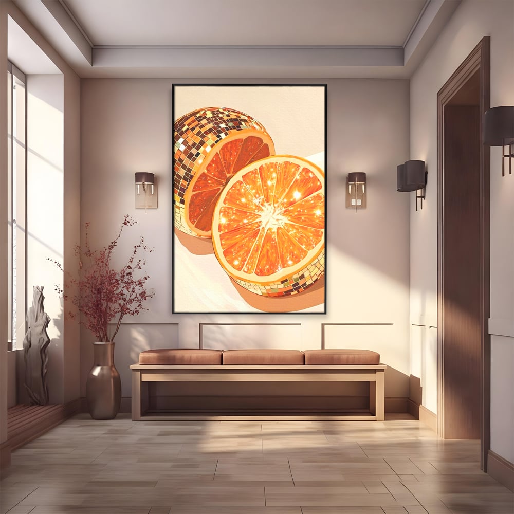 Tablou canvas cu ilustratie digitala cu felii de portocala si globuri disco, in rama de aluminiu negru